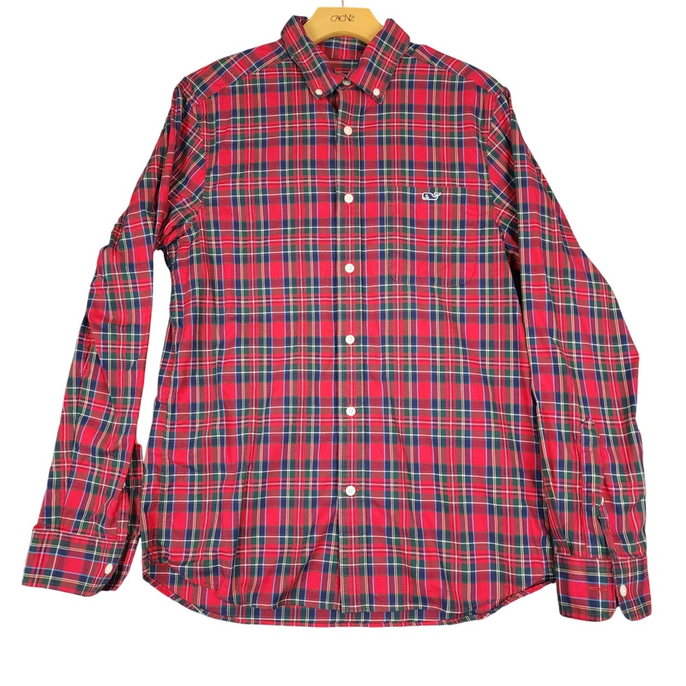 Vineyard Vines Red Plaid Button Down Shirt Long Sleeve Whale Logo Men's Small